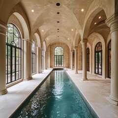 Grand indoor pool with arched, colonnaded, vaulted ceiling