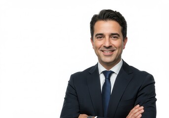 Smiling businessman in suit with arms crossed against a white background