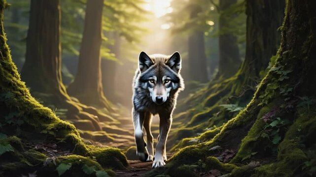 A wolf stands in a forest path with mossy trees and sunlight filtering through the canopy above