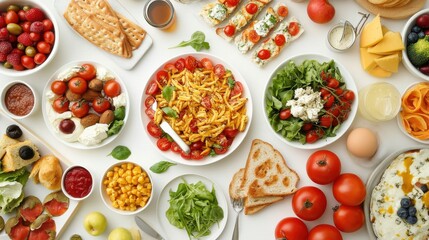 Many different healthy food on white table, flat lay