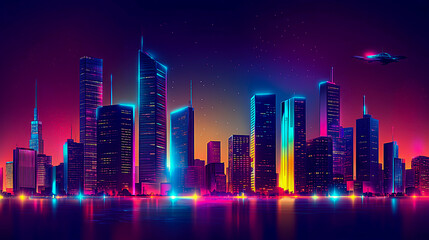 Sleek skyscrapers with glowing neon accents, futuristic cityscape at night, flying cars, ultra-modern design, cyberpunk vibe, glowing skyline