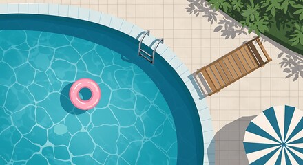 Obraz premium Overhead view of blue swimming pool with pink inflatable, vector style.