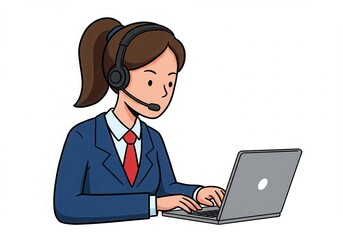 Cartoon woman with headset working on a laptop computer