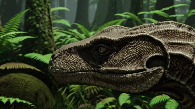 Realistic 3D Dinosaur Head Animation in Lush Prehistoric Jungle &ndash; Cinematic Side View Loop