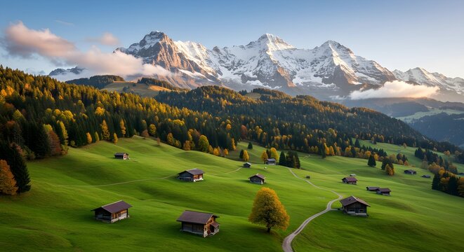 Mountain Landscape with Green Fields and Cabins