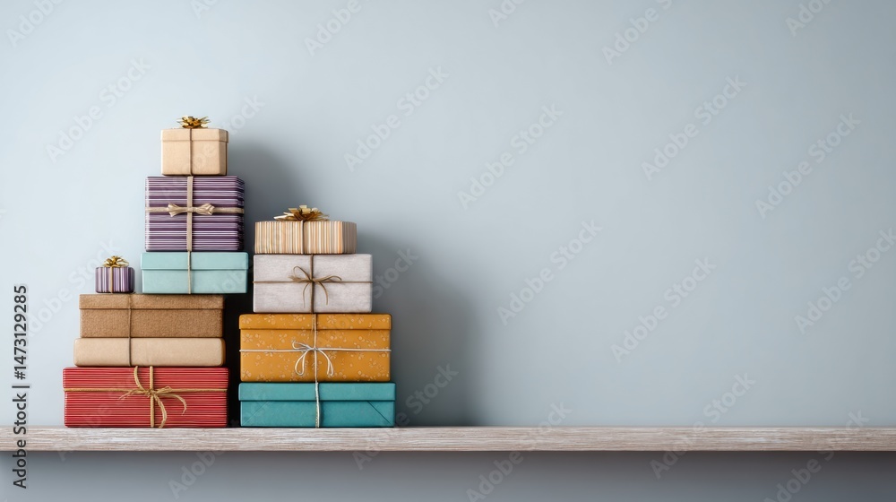 Aufkleber presents arranged on a minimal wooden shelf with a soft blue wall in the background creating an invi
