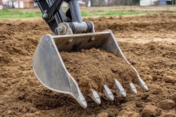 Excavator bucket filled with soil, working on a construction site, ready to dump dirt.