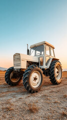 Obraz premium Vintage tractor in field at sunset