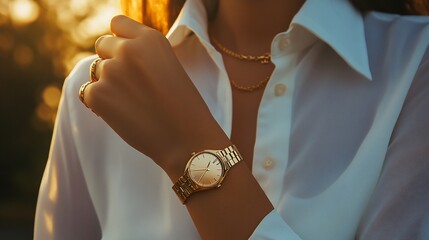Elegant woman showcasing golden wrist watch and jewelry accessories, a sophisticated lifestyle