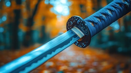Close-up view of a traditional japanese sword in a forest setting.