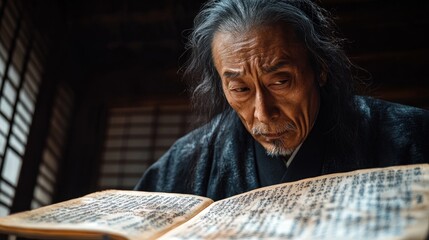 Elderly person engrossed in antique book study.