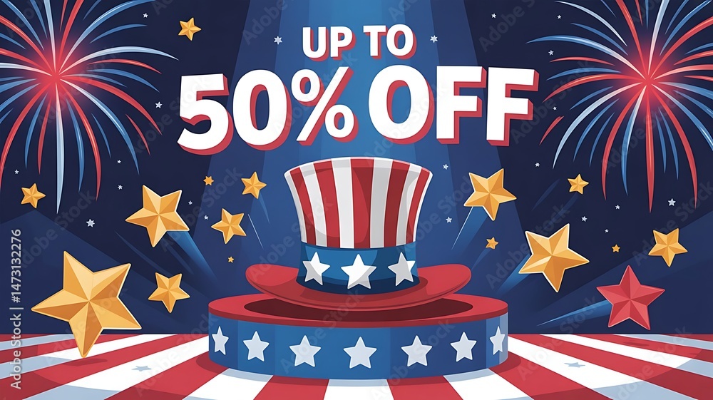 Fototapete 4th of july promotional banner with a glowing blue background, uncle sam hat on a star-studded banne