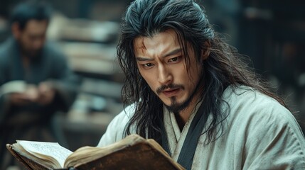 Close-up of a man engrossed in ancient historical text.