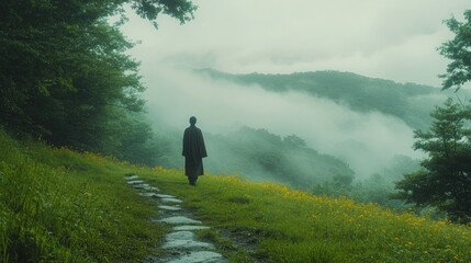 Misty mountain path with a figure walking.