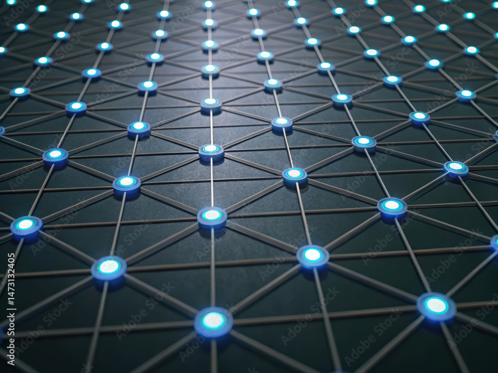 Poster digital network of glowing nodes connected by lines, representing