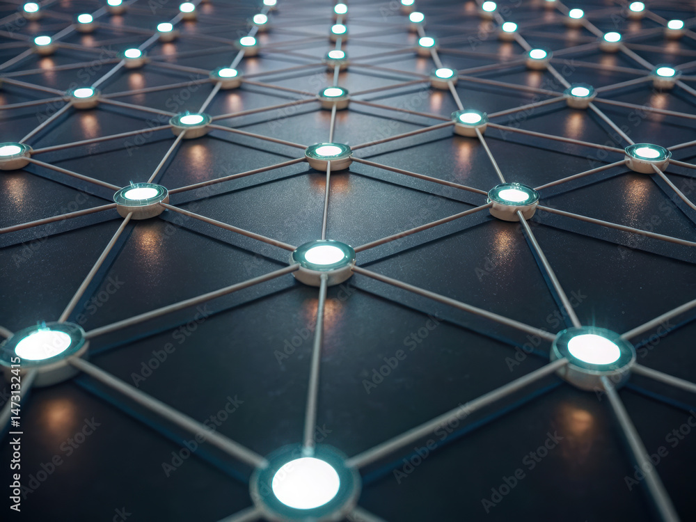 Poster digital network of interconnected glowing nodes dark surface
