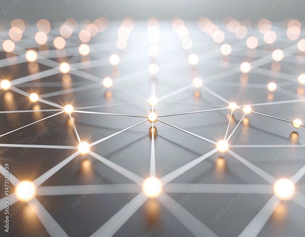 Poster digital network of glowing nodes connected by lines, representing