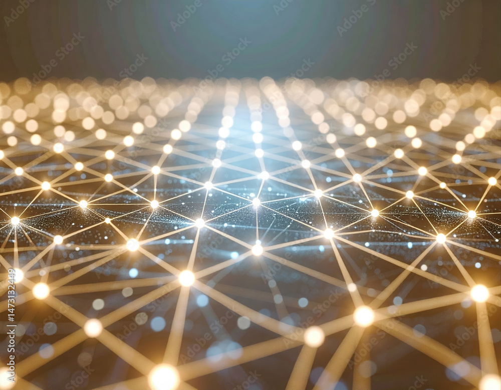 Poster digital network of glowing nodes connected by lines, creating