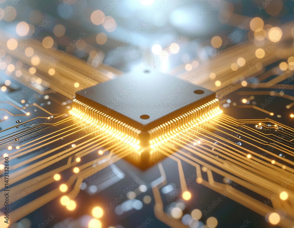 Poster close up of microchip with glowing gold circuits circuit board