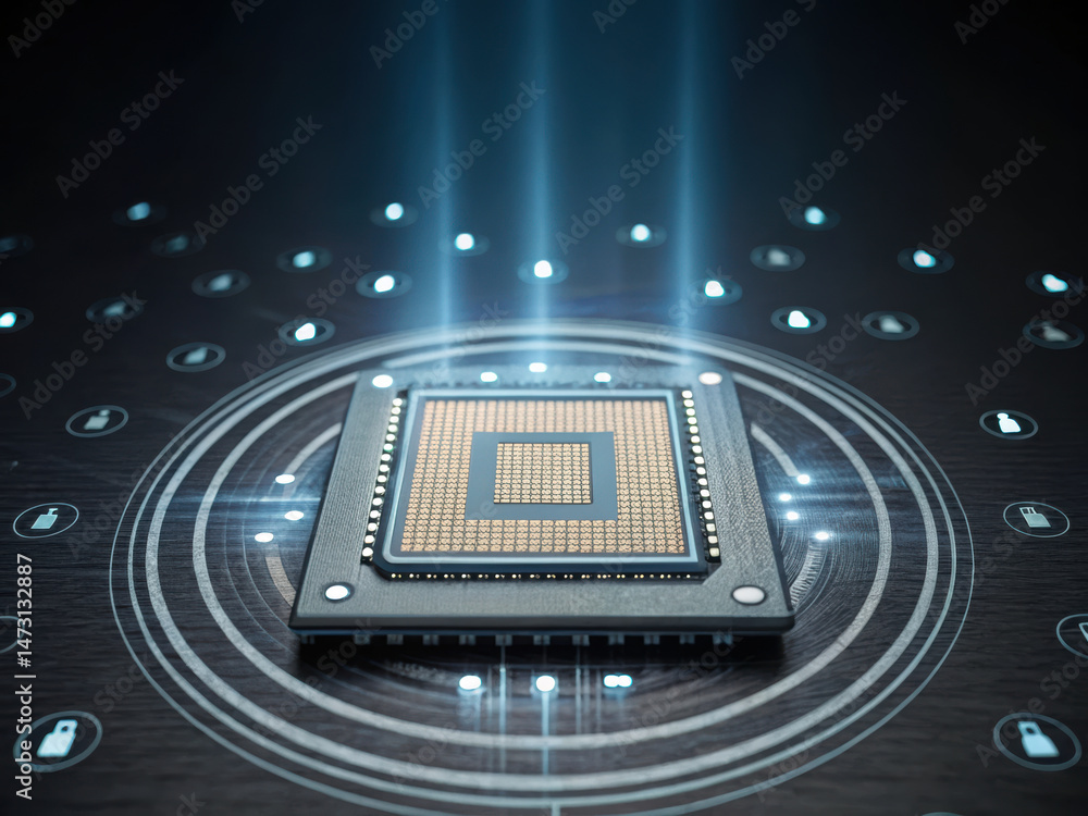 Poster futuristic quantum processor chip rotating space with digital