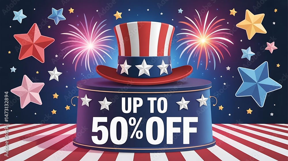 Fototapete 4th of july promotional banner with a glowing blue background, uncle sam hat on a star-studded banne