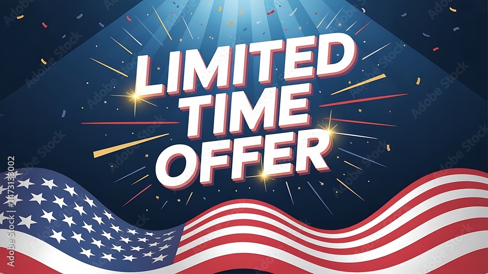 Fototapete flash sale poster with waving usa flag stripes at the bottom, limited time offer banner template for