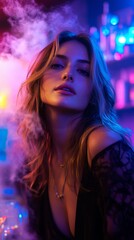 Naklejka premium Elegant woman in vibrant neon light