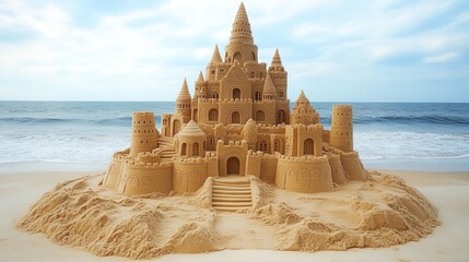 Impressive sandcastle structure on a sandy beach.