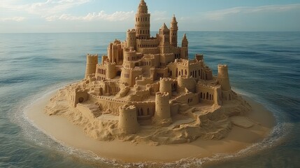 Massive sandcastle structure on an island in the ocean.