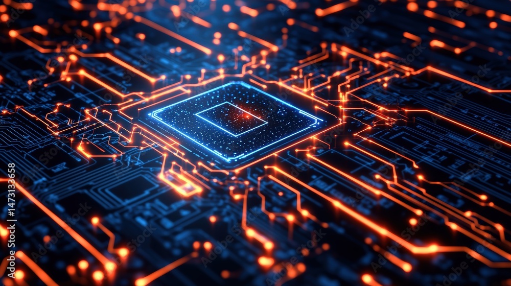 Poster highly detailed close-up of a futuristic computer microchip circuit board with glowing orange and bl