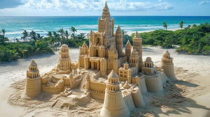 Impressive sandcastle structure on a tropical beach.