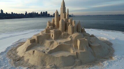 Impressive, colossal sandcastle city, sculpted on a snowy shore.