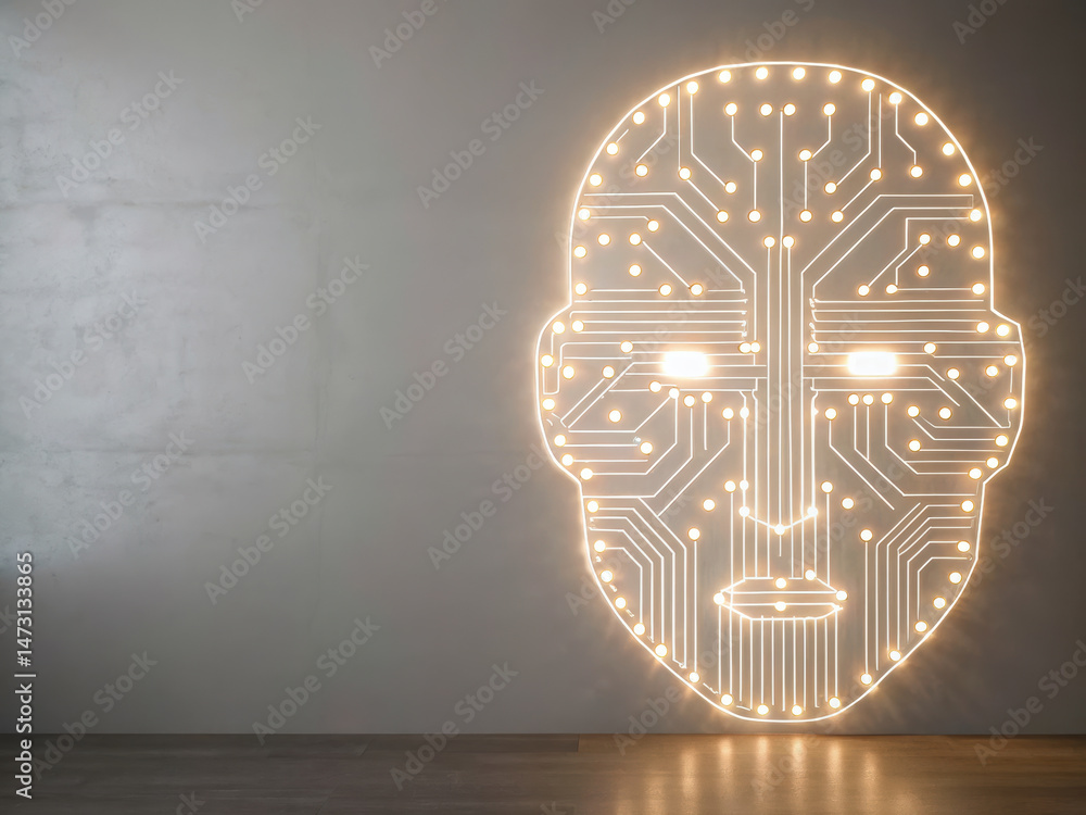 Poster minimal circuit pattern forming ai face outline illuminated wall