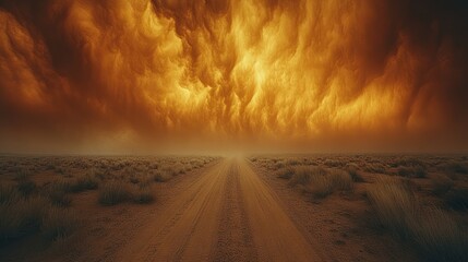 A dramatic, fiery sky above a desolate, dirt road.