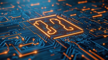 Futuristic digital circuit board with glowing orange numeric code 123 embedded in a complex technological background for innovation and data processing concepts