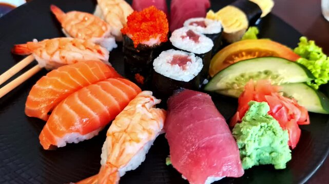 Colorful platter of assorted Japanese sushi and sashimi served in Ubud, Bali