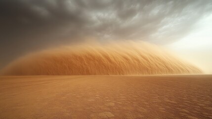Dramatic desert sandstorm landscape under a stormy sky.