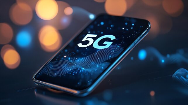 Modern smartphone displaying 5G technology.  Dynamic glowing interface