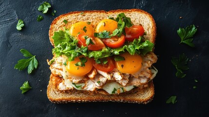 Close-up view of a gourmet sandwich with chicken, cheese, and vegetables.