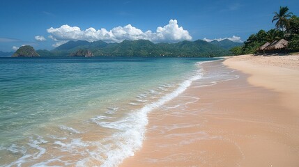 Pristine tropical beach scene with azure water and soft sand.
