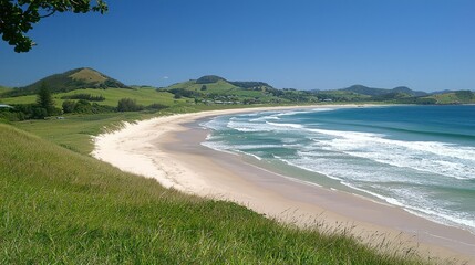 Picturesque coastal scene with a sandy beach and rolling hills.