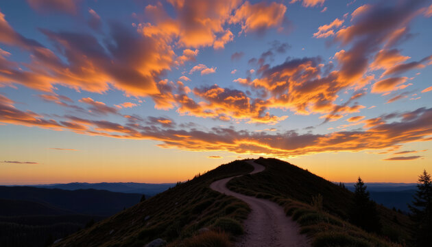 Winding trail leads through scenic landscape at sunset, with vibrant clouds illuminating sky in shades of orange and purple, creating serene and picturesque view