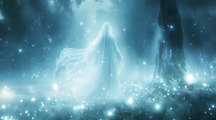 Ethereal female spirit in white robes surrounded by luminous lights in a misty forest clearing at night. [Frozen Monoliths] | Snowveil Tomb | white shroud. Illustration