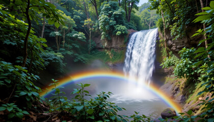 Stunning waterfall cascades down rocky cliffs, surrounded by lush greenery and vibrant foliage. beautiful rainbow arches over water, creating serene and picturesque scene