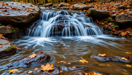 Serene waterfall cascades over smooth rocks, surrounded by vibrant autumn leaves, creating tranquil scene in nature. gentle flow of water adds soothing ambiance to picturesque landscape