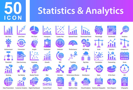 Statistics & Analytics Icon Collection Set. Bar Chart,Line Chart ,Pie Chart,Histogram,Scatter Plot,Upward Trend,Downward Trend,Percentage,Dashboard,Analytics,Achievement,Icon Symple Glyph Gradient