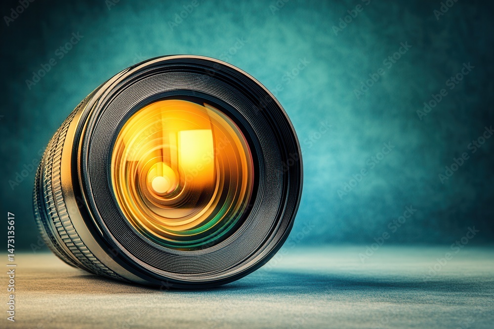 Poster close-up of a camera lens showcasing intricate details and reflections on a textured background