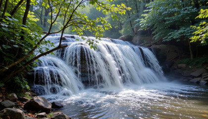 Fototapeta premium Serene waterfall cascades over rocks, surrounded by lush green foliage, creating tranquil atmosphere. sunlight filters through trees, enhancing beauty of this natural scene