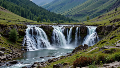 Fototapeta premium Stunning crystal waterfall cascades down rocky cliffs, surrounded by lush green hills and dense forests. serene landscape evokes sense of tranquility and natural beauty