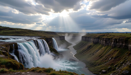 Fototapeta premium Majestic waterfall cascading down rocky cliffs, surrounded by lush greenery and winding river. scene is illuminated by dramatic rays of sunlight breaking through clouds, creating serene atmosphere